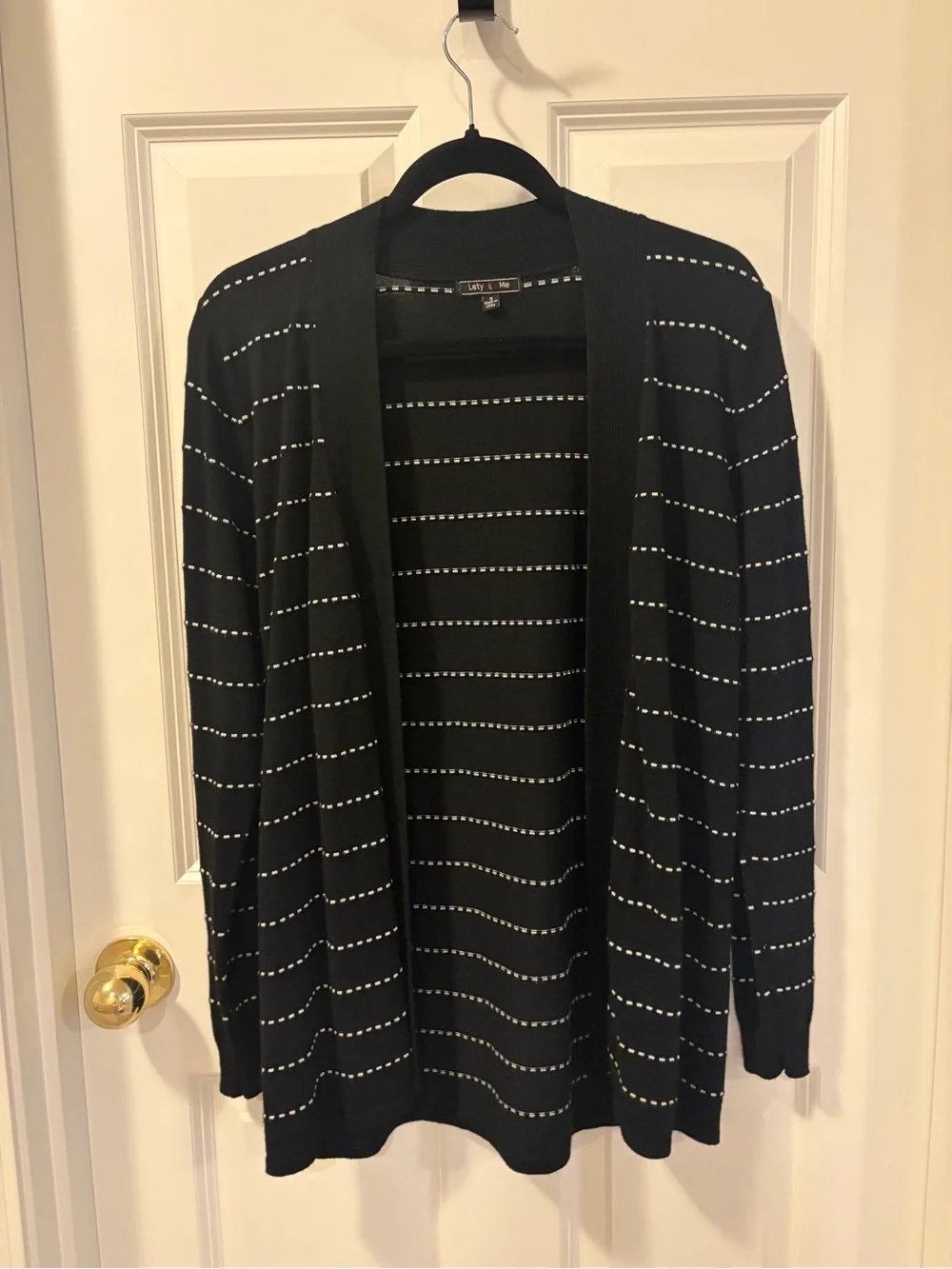 Women's Black Crewneck Sweater with White Dotted Stripes